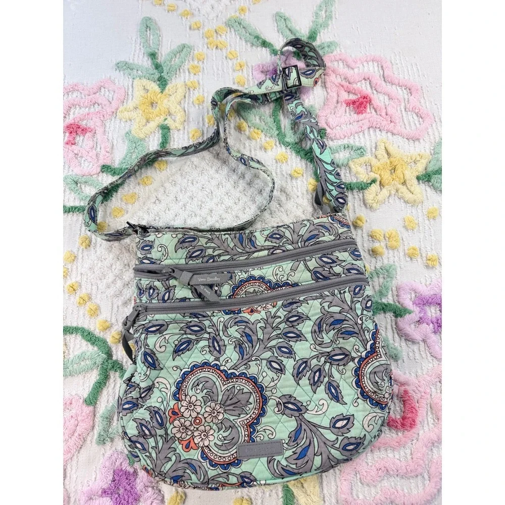 Vera Bradley Quilted Crossbody Bag Mint Paisley Blue Gray Orange‎ Floral Zip